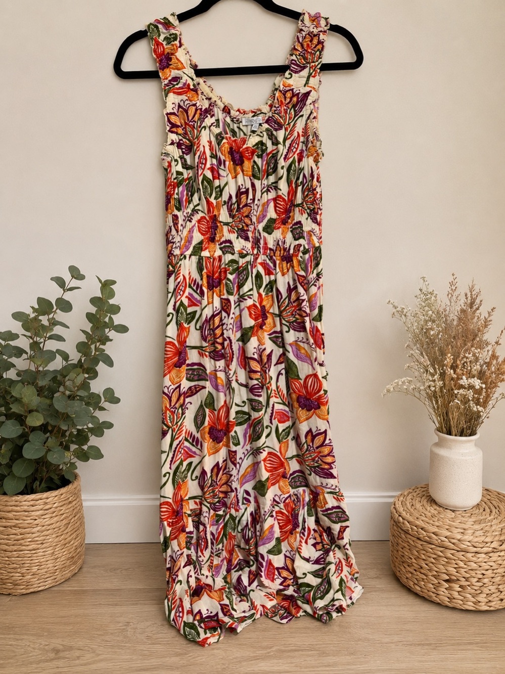 Patrons of Peace Cream Dress with Orange, Purple & Green Floral Print